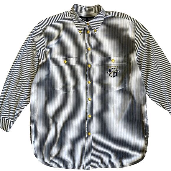 Escada Sport Vintage Blue & White Striped Long Sleeve Crested Button-up Shirt - Picture 8 of 16